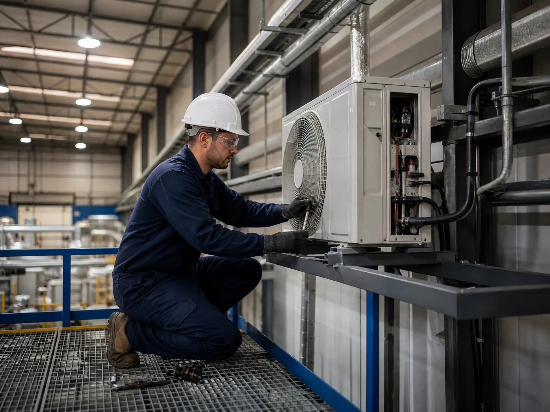 Técnico realizando manutenção em unidade condensadora de ar condicionado industrial